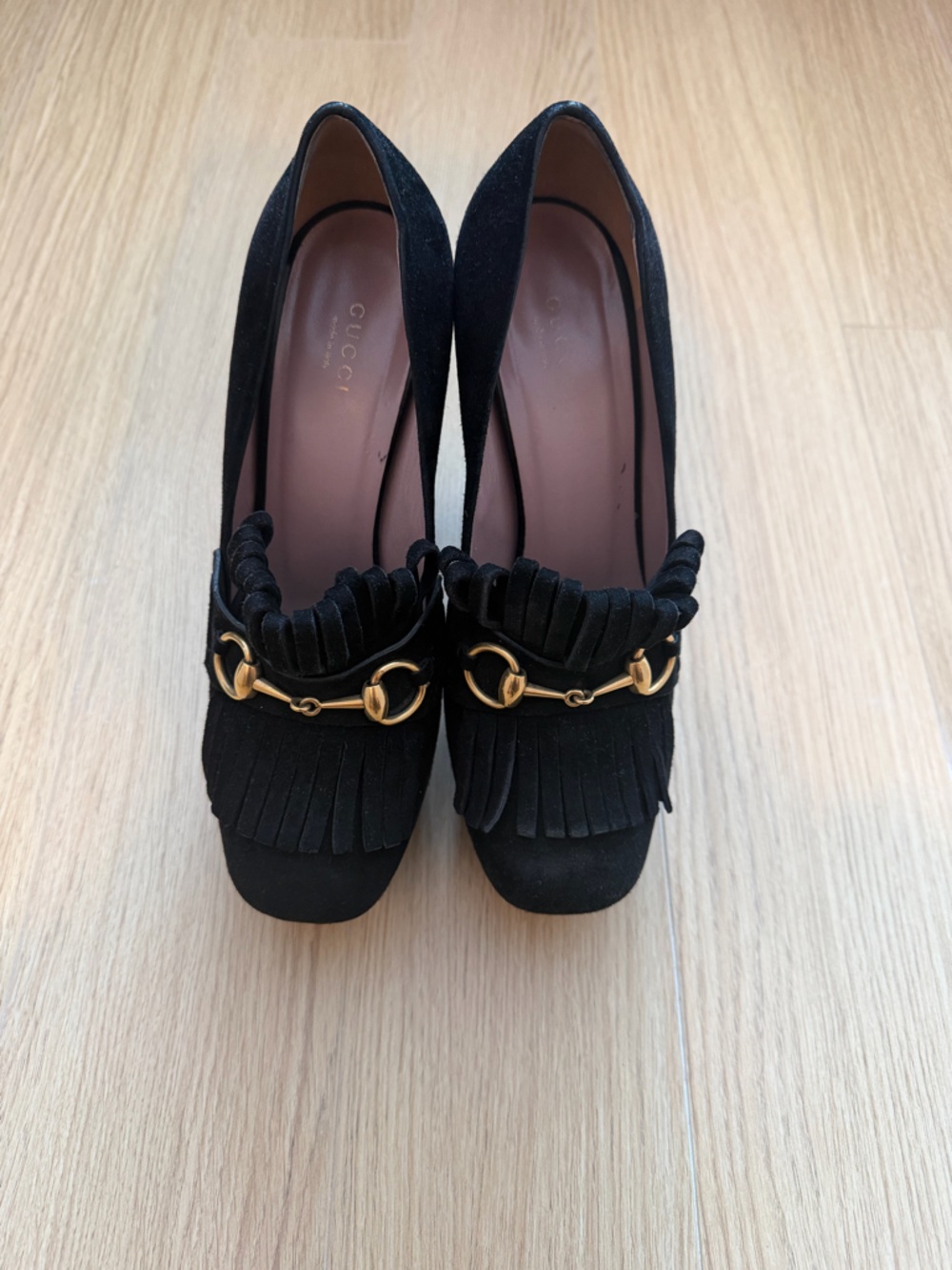 Gucci Black Suede Heeled Loafers with Gold Horsebit